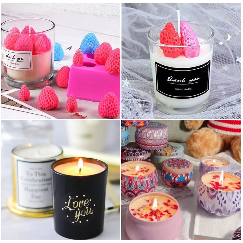 A collection of pink and red wax candles in various glass holders and a pink candle jar.
