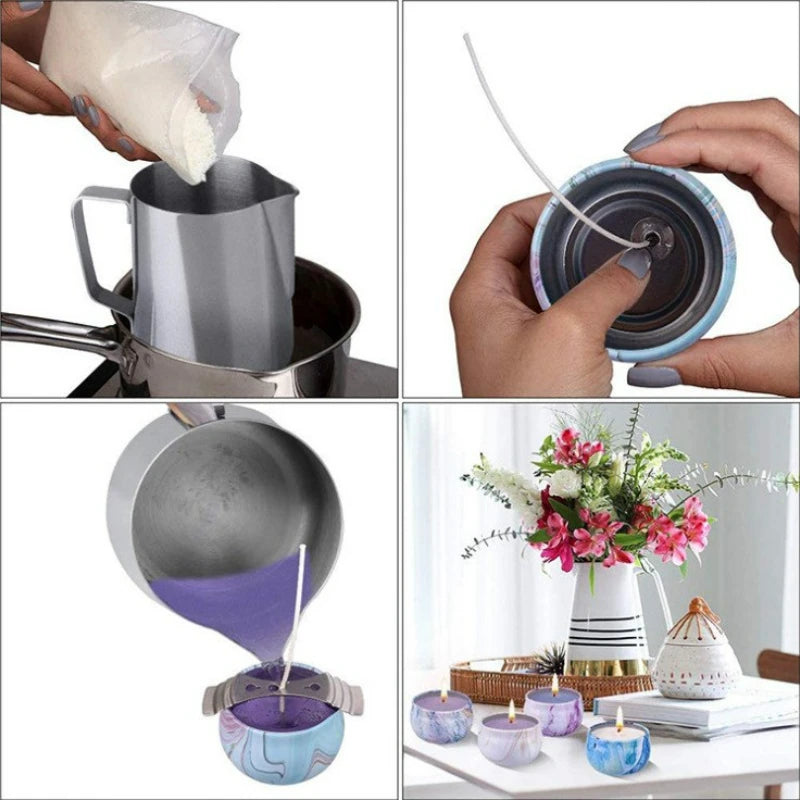 A hand is pouring white cotton candle wicks into a metal container, next to a finished candle with blue wax.