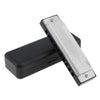 Silver 10-hole diatonic harmonica in C with a black protective case.