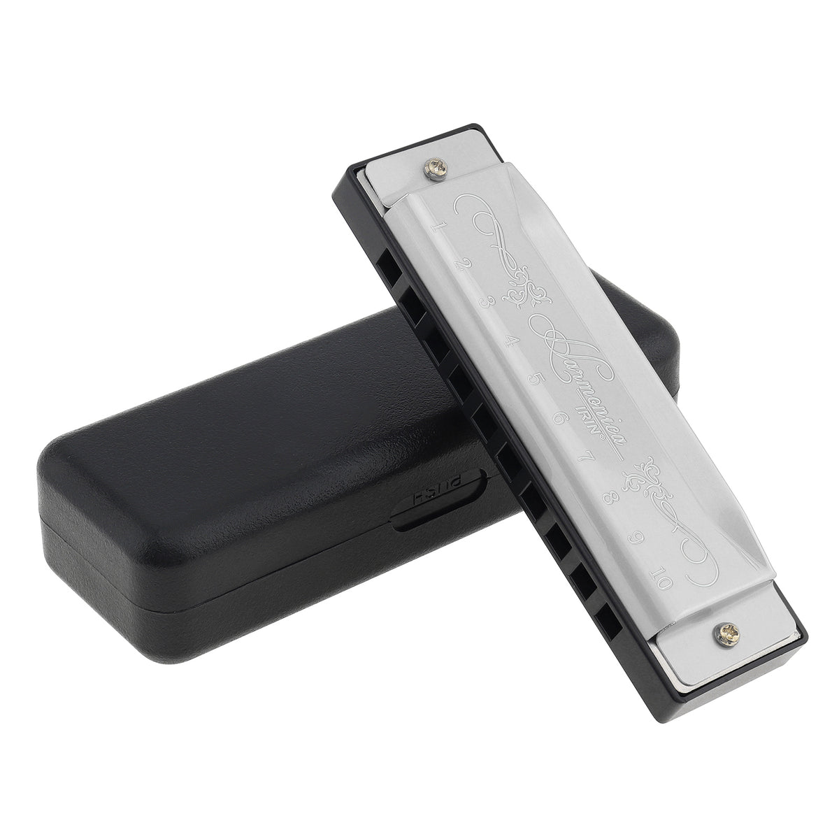 Silver 10-hole diatonic harmonica in C with a black protective case.
