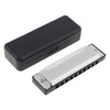 A silver 10-hole diatonic harmonica in C with a black protective case.
