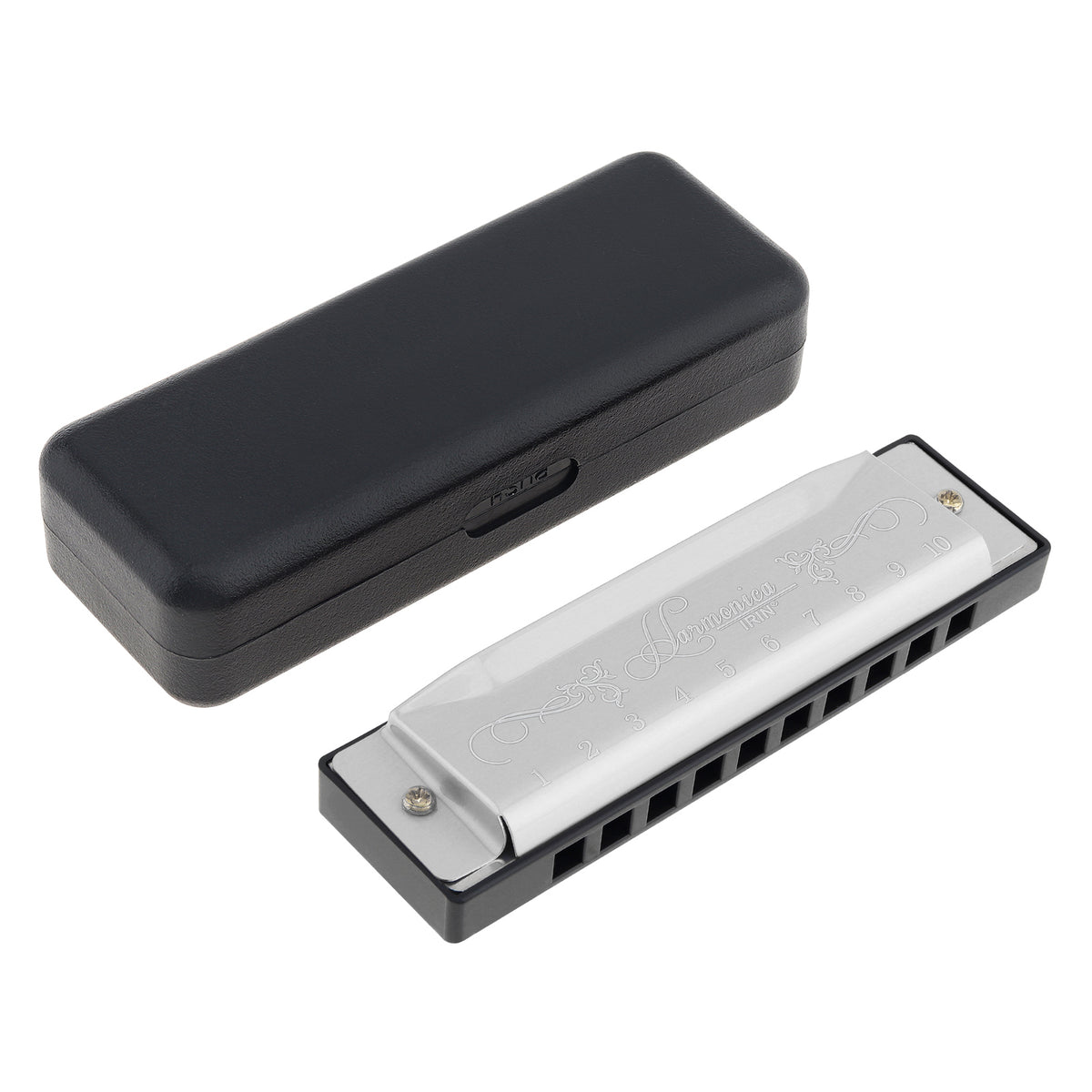 A silver 10-hole diatonic harmonica in C with a black protective case.