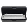 A white 10-hole diatonic harmonica in C with a black carrying case.