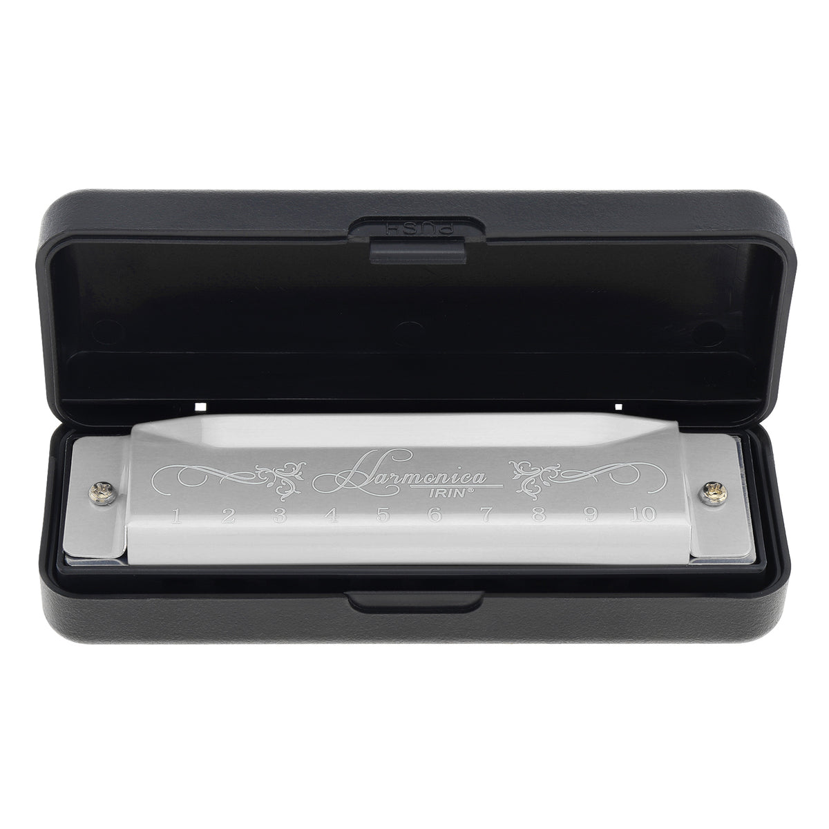 A white 10-hole diatonic harmonica in C with a black carrying case.