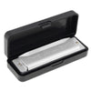 A black case for a 10-hole diatonic harmonica in C, showing the silver harmonica inside.