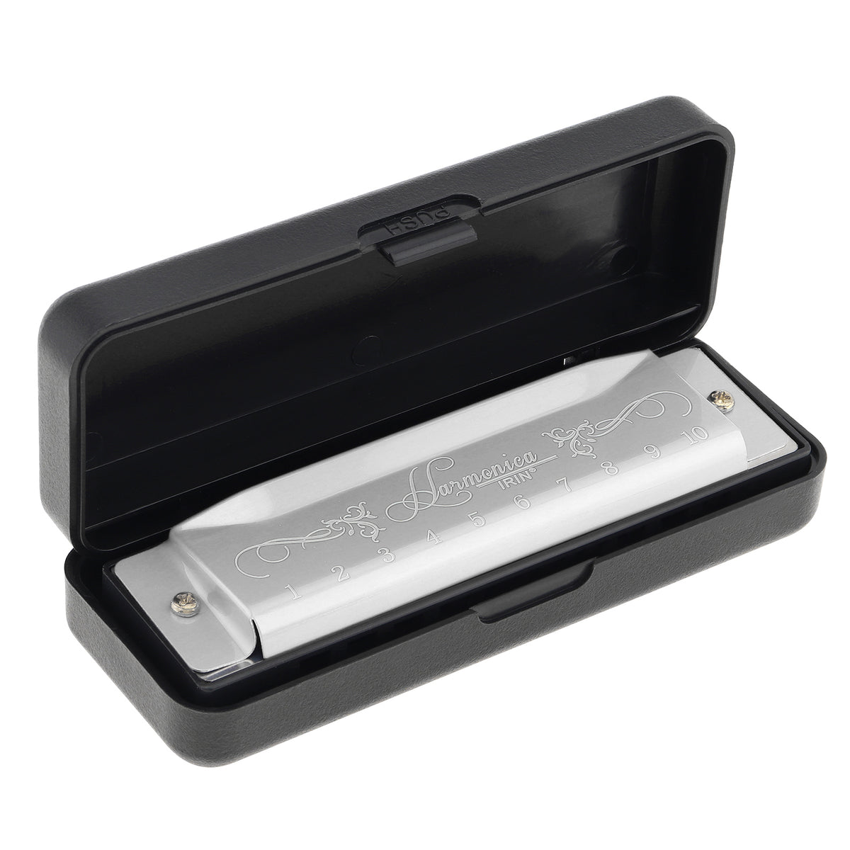 A black case for a 10-hole diatonic harmonica in C, showing the silver harmonica inside.