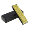 A gold-colored 10-hole diatonic harmonica in C with a black carrying case.