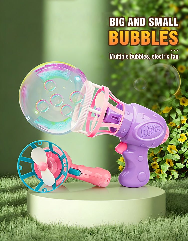 A purple automatic bubble gun is shown with a large bubble and a smaller bubble being blown, set against a green outdoor back