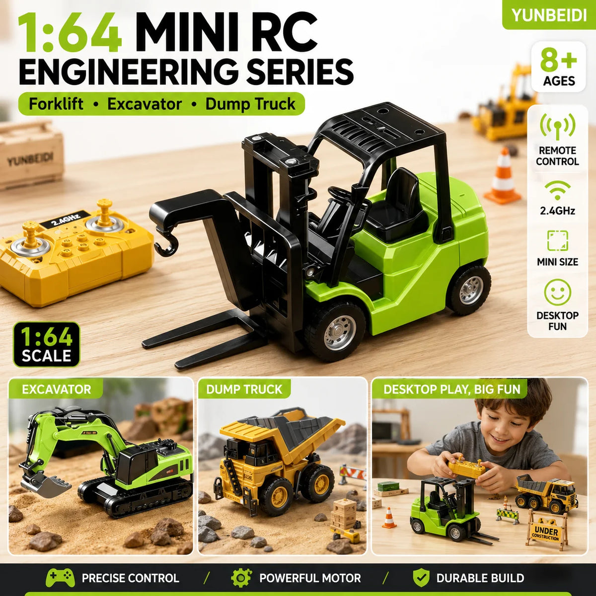 A set of 1:64 scale mini RC engineering series featuring an excavator, forklift, and dump truck models.
