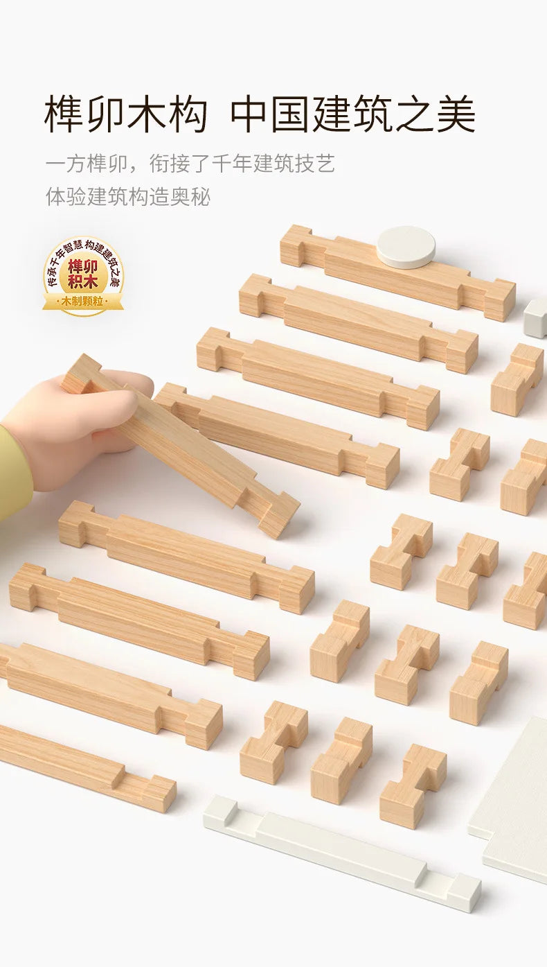 A collection of light wood wooden log cabin building kits and components.