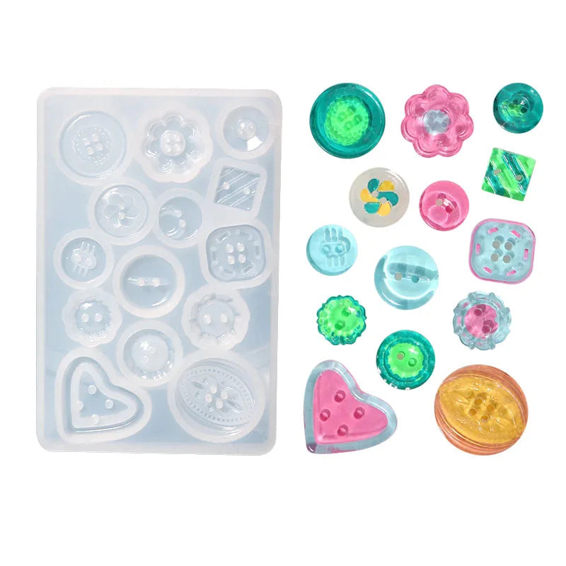 A clear silicone mold tray containing various colorful resin buttons and shapes for DIY jewelry making