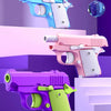 A collection of three colorful fidget pistol toys in purple, pink, and blue, displayed on stacked white platforms.