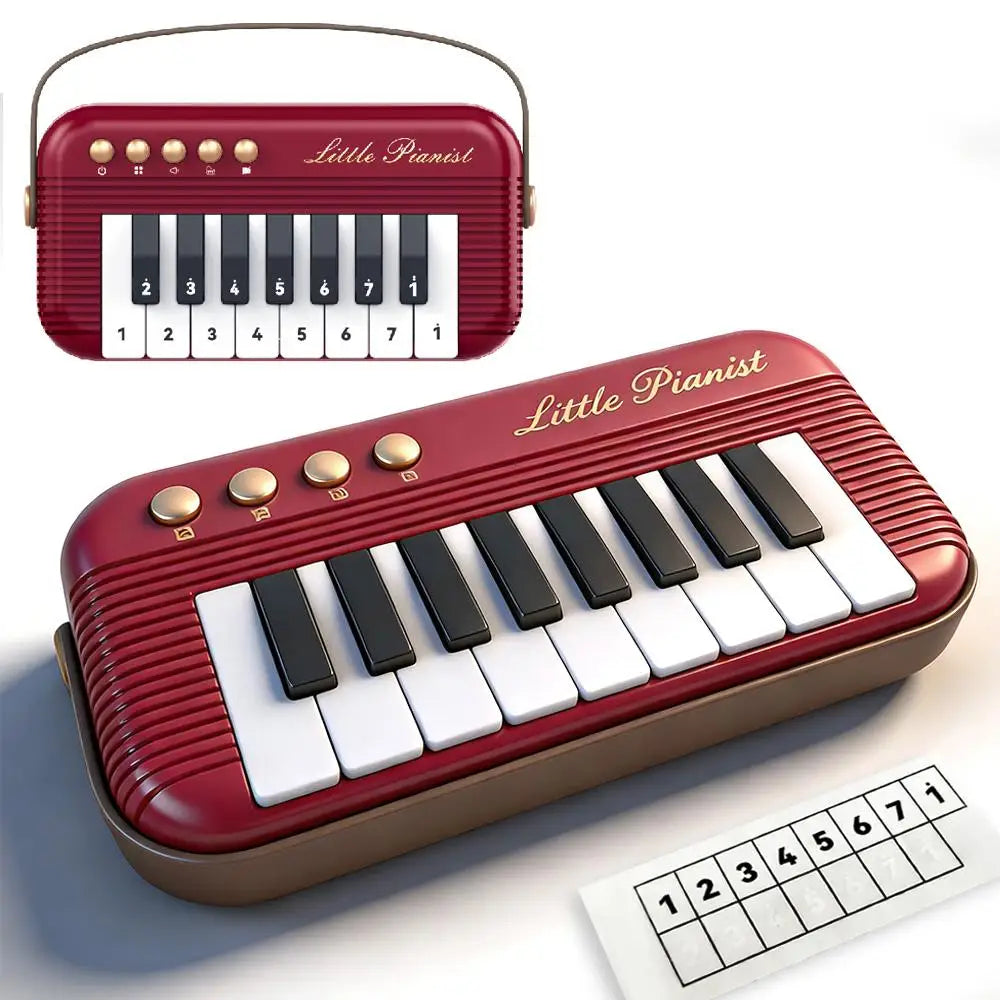 A red mini piano keyboard for kids with a white key layout and a separate numbered practice sheet.