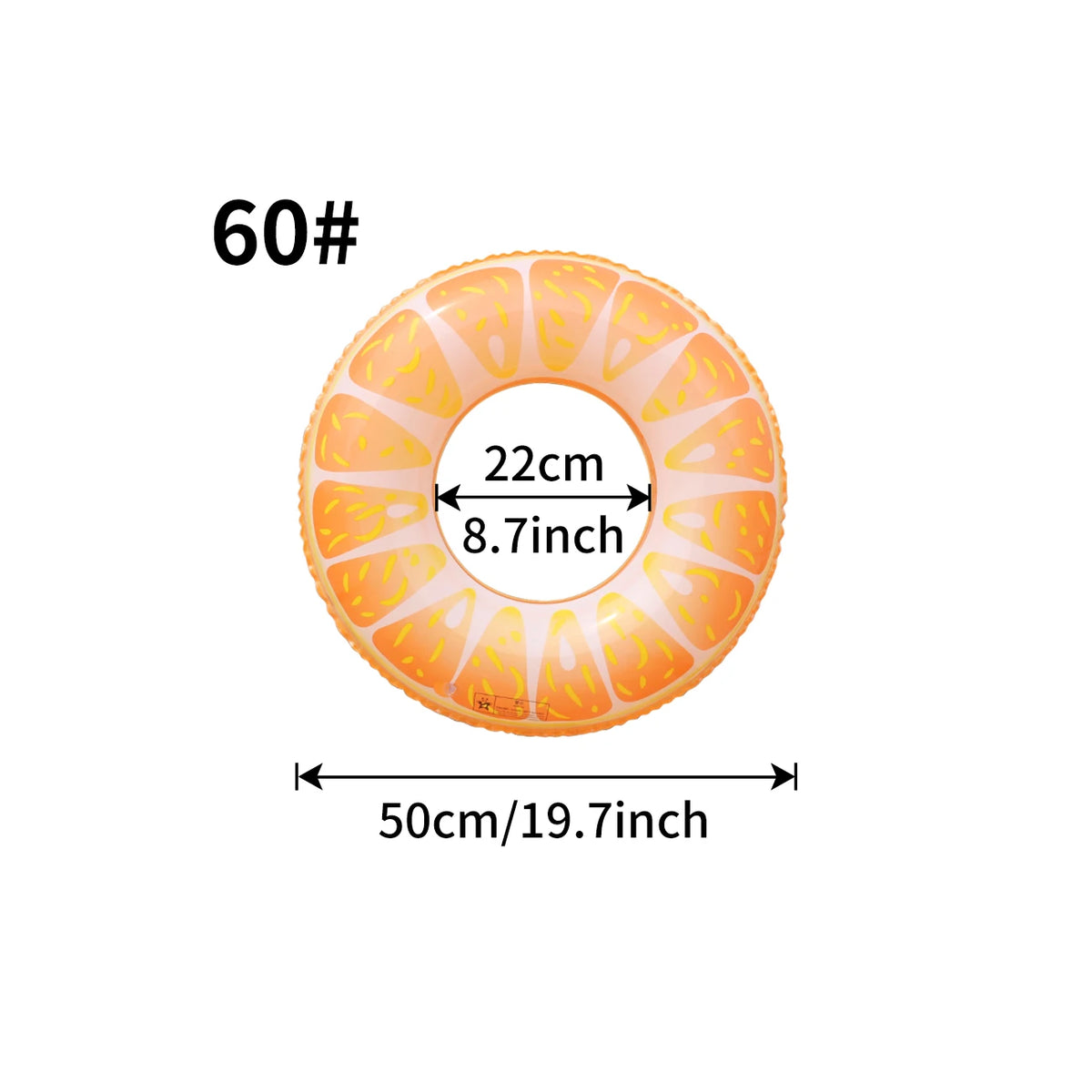 A round, orange fruit-inspired inflatable pool float ring labeled 60#.