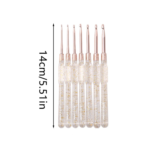 A set of seven metallic crochet hooks with counting clips displayed vertically against a white background.