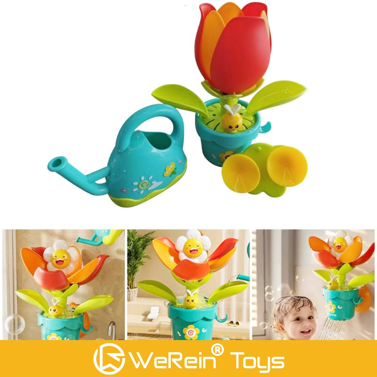 A bright orange and yellow sunflower watering bath toy with a suction cup is shown in various contexts.