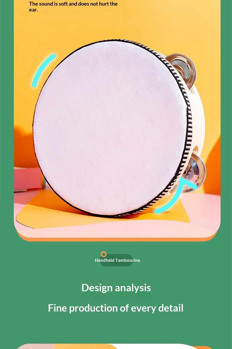 A close-up of a white felt tambourine with metal jingles, resting on an orange surface.