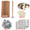 Assortment of cherry wood candle wicks with iron brackets and glue dots in various quantities