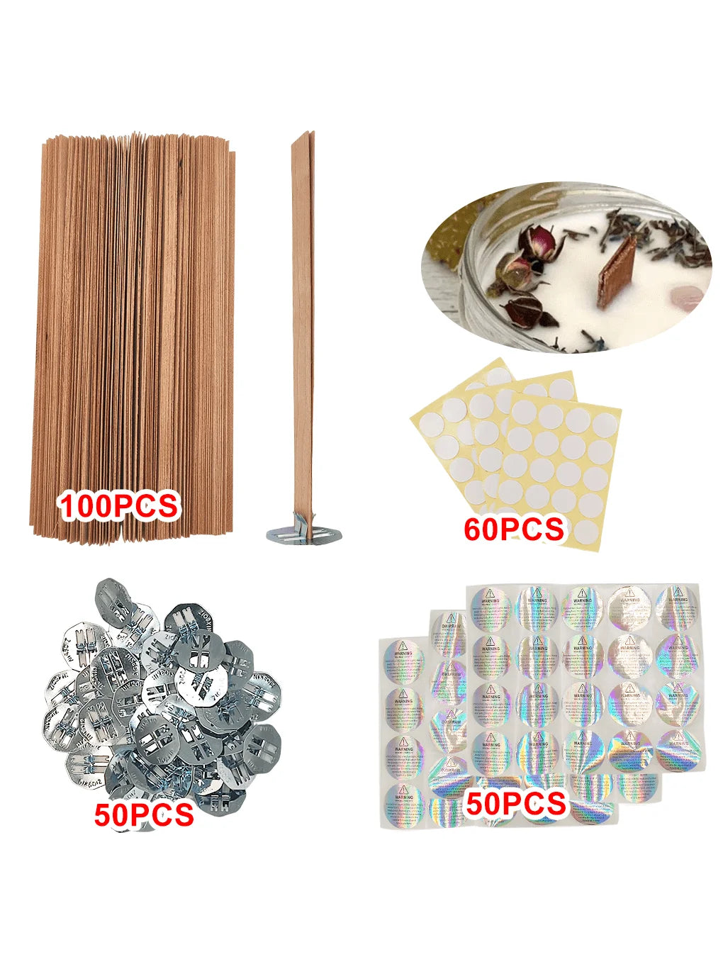 Assortment of cherry wood candle wicks with iron brackets and glue dots in various quantities