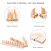 Instructions showing how to assemble a wooden knitting loom by aligning panels, inserting pegs, and snapping them together.