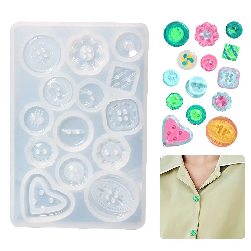 A clear silicone mold tray containing various shapes for casting buttons and jewelry components.