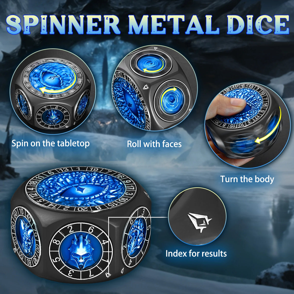 A set of black metal spinner dice showing various faces and a die with an index for results.
