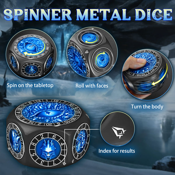 A set of black metal spinner dice showing various faces and a die with an index for results.