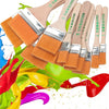 A collection of twelve natural-bristle paint brushes in various shades and sizes displayed against a colorful abstract backgr