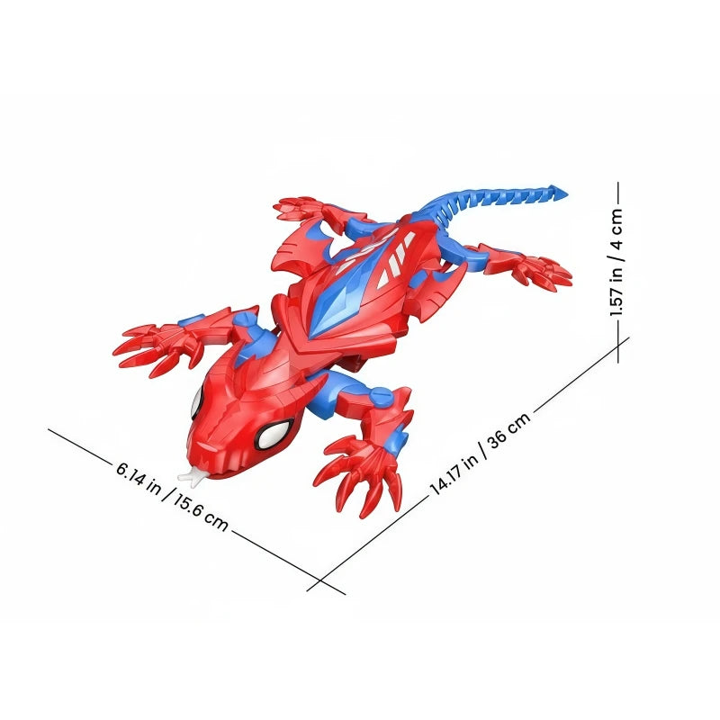 A red and blue rechargeable gecko wall crawler robot designed for kids, shown in a side view with dimensions.