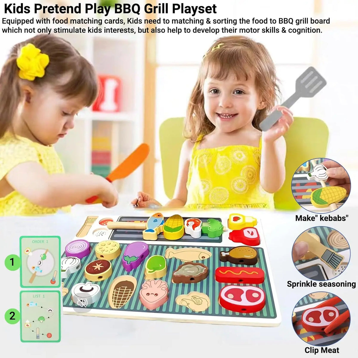A toddler plays with a wooden BBQ grill set featuring food matching cards and tools for developing motor skills.