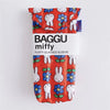 A red fabric storage bag featuring a repeating pattern of white Miffy rabbit faces and blue flowers.