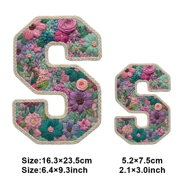 Two floral letter patches S and S made of fabric for DIY clothing and accessories