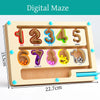 A wooden puzzle board featuring numbered shapes in various colors like red, brown, blue, green, and white for a digital maze 