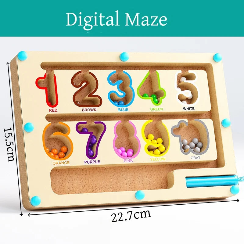 A wooden puzzle board featuring numbered shapes in various colors like red, brown, blue, green, and white for a digital maze 