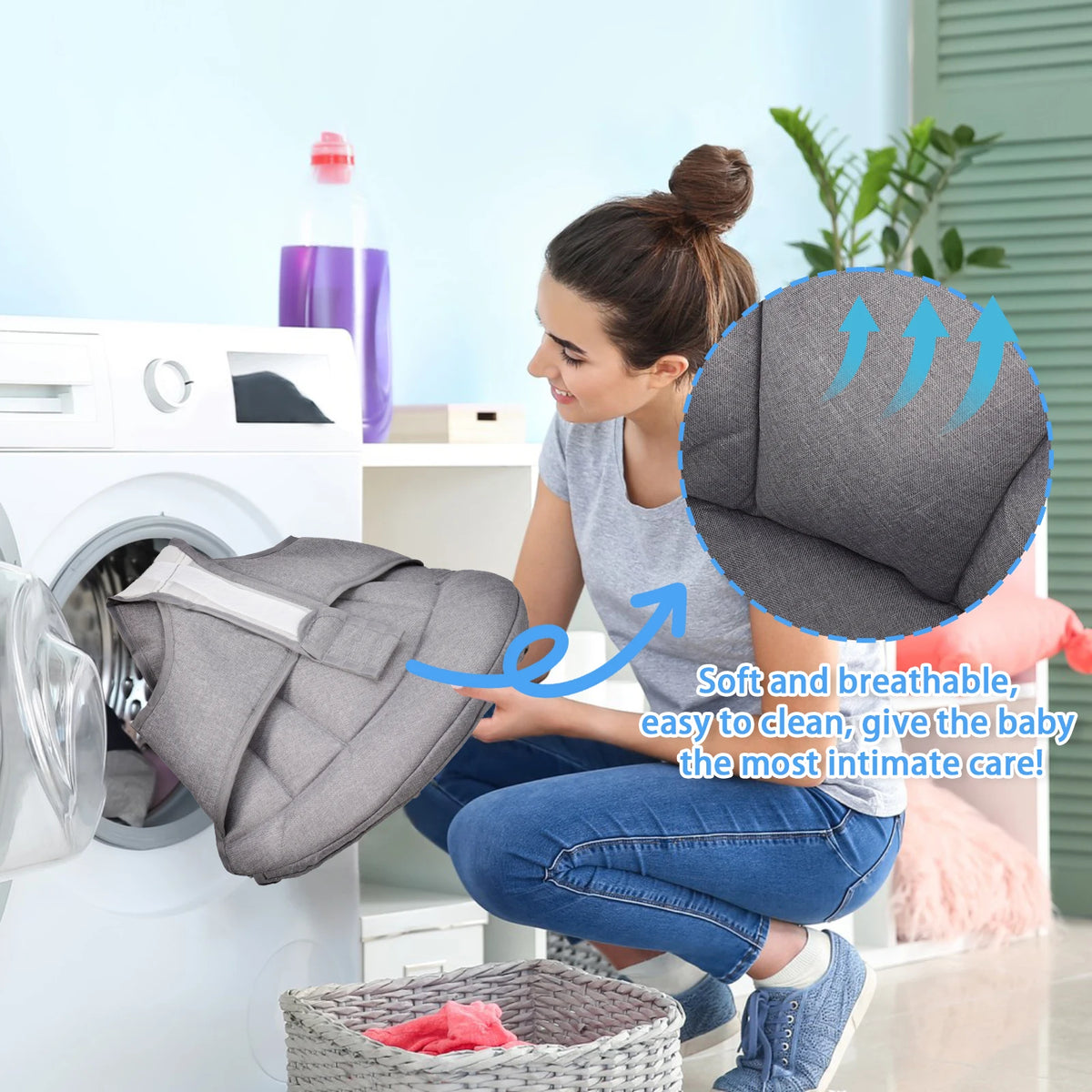 A woman is shown using an adjustable foldable baby walker, demonstrating its soft and breathable features for infant care.