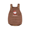 A brown knit baby romper with a sleeveless design featuring a red Santa embroidery on the chest.
