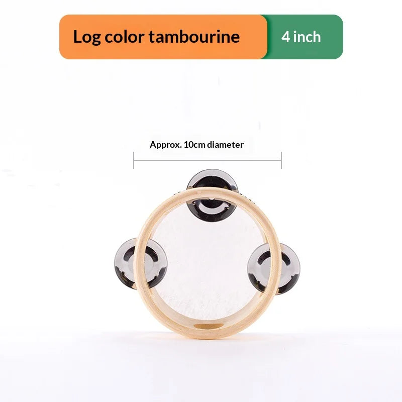 A log color tambourine with a wooden rim and metal jingles shown from above.