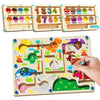 A wooden magnetic puzzle board featuring various colored animals and shapes for toddlers to sort and learn.
