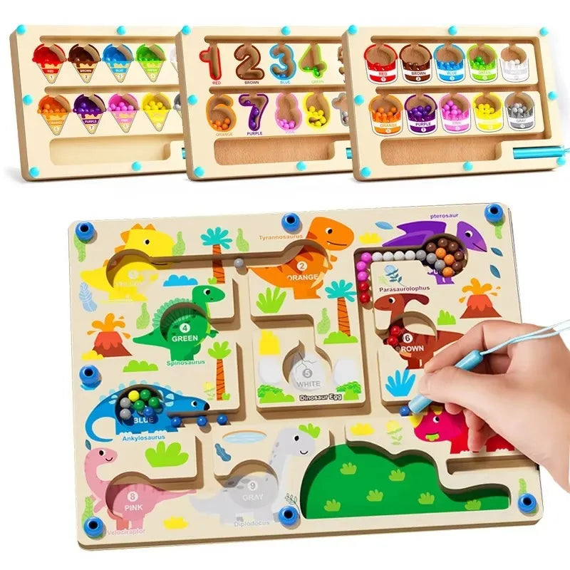 A wooden magnetic puzzle board featuring various colored animals and shapes for toddlers to sort and learn.