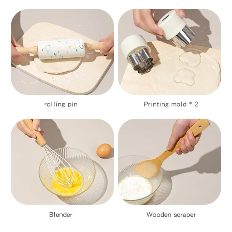Wooden Kids Safe Knife Set with Baking Tools for Little Chefs