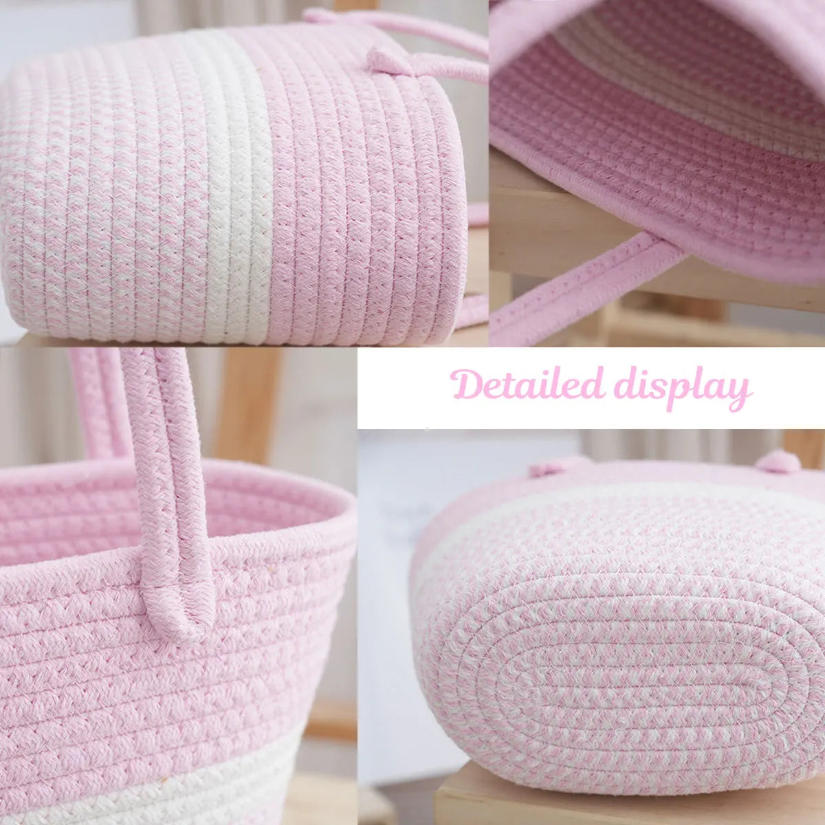 Close-up display of a pink and white braided cotton tote bag showing its texture and detail.