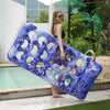 A purple inflatable pool float with a headrest is shown next to a woman by a swimming pool.