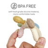 A hand holds a silicone baby teether with chew beads in various pastel colors.