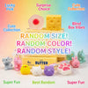 A collection of random size, color, and style squishy fidget toys including a yellow cube, pink, and purple shapes.