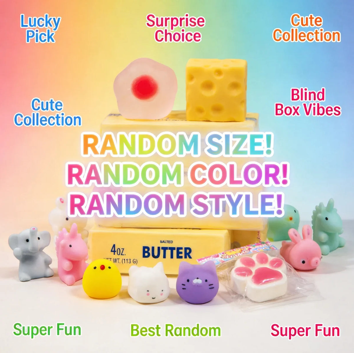 A collection of random size, color, and style squishy fidget toys including a yellow cube, pink, and purple shapes.