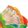 A bundle of twelve orange-handled nylon paint brushes is displayed against a colorful, abstract background.