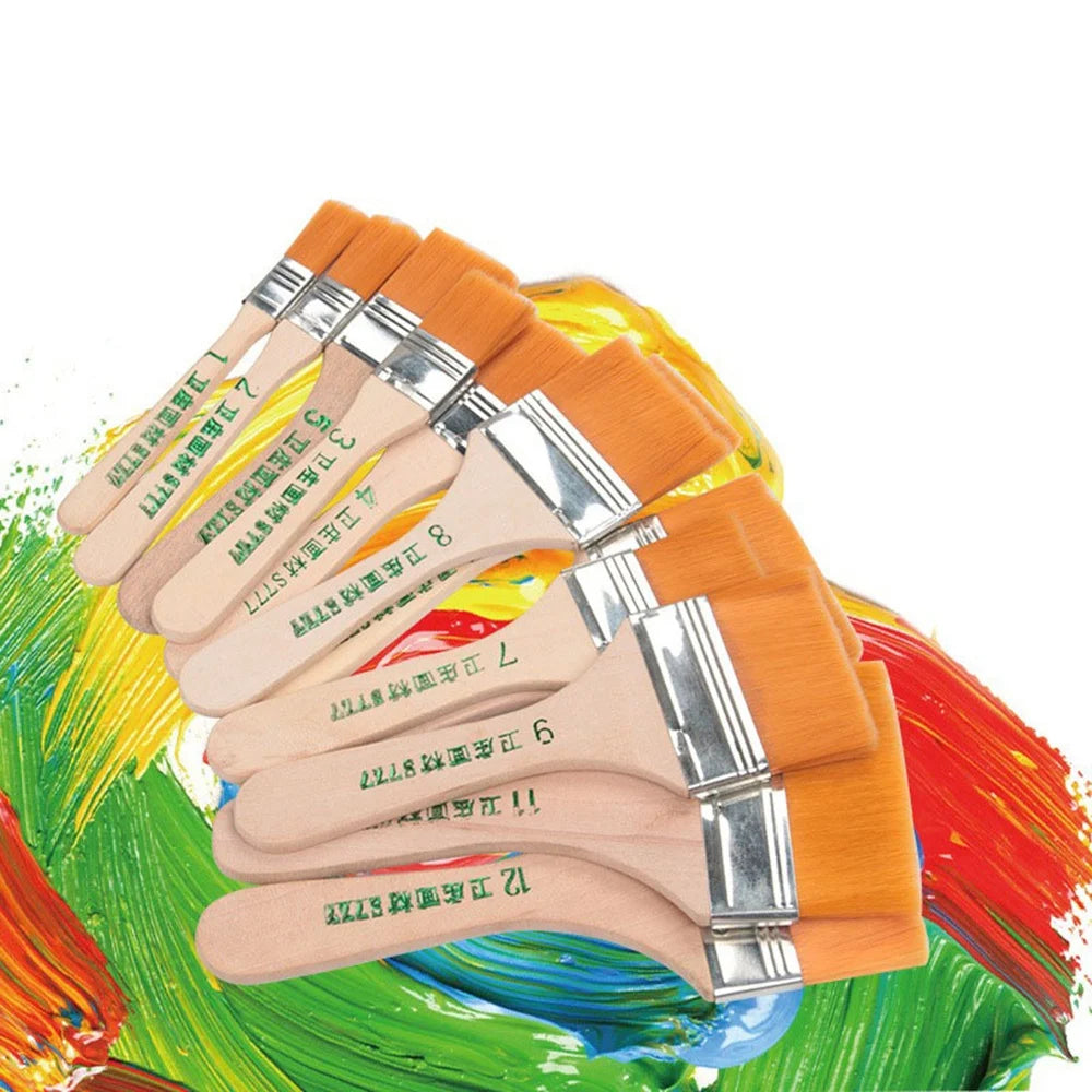 A bundle of twelve orange-handled nylon paint brushes is displayed against a colorful, abstract background.