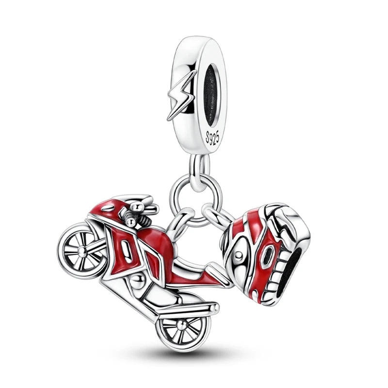 Sterling silver charm bead pendant featuring a stylized car and key design.