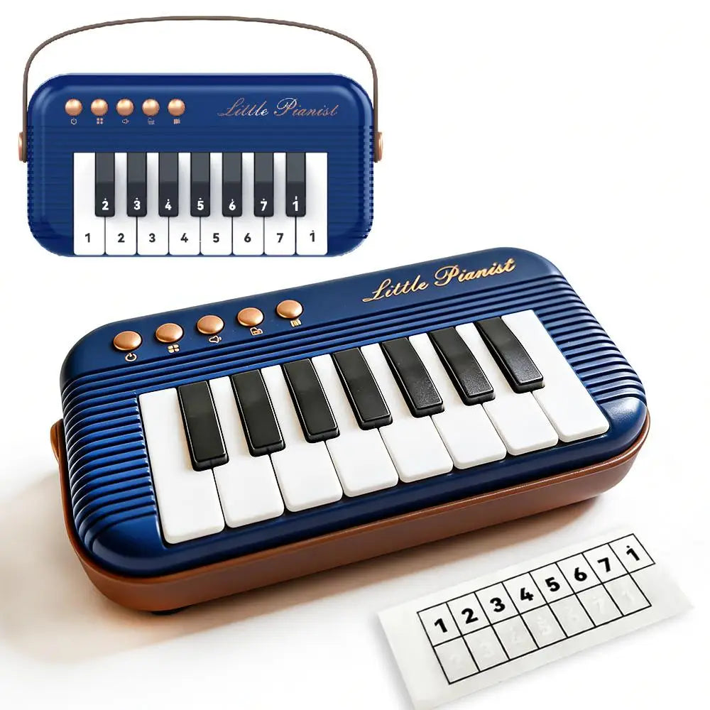 A blue and brown mini piano keyboard for kids with white keys and a separate sheet music stand.