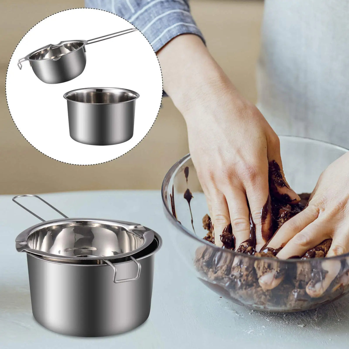 A hand is using a complete candle making kit with a melting pot, thermometer, and measuring cup to melt wax.